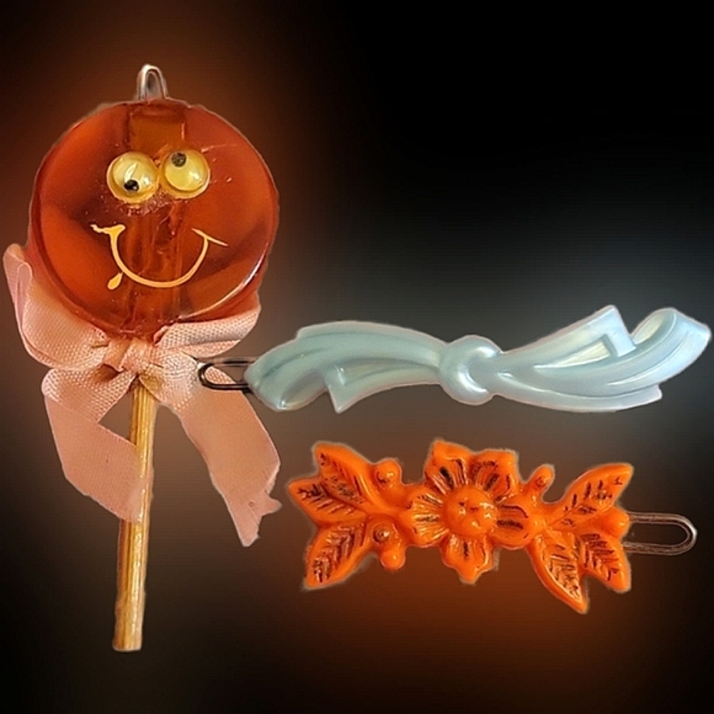 Vtg 60s 70s 80s googly eye lollipop Bow flower snap barrettes bundle rare